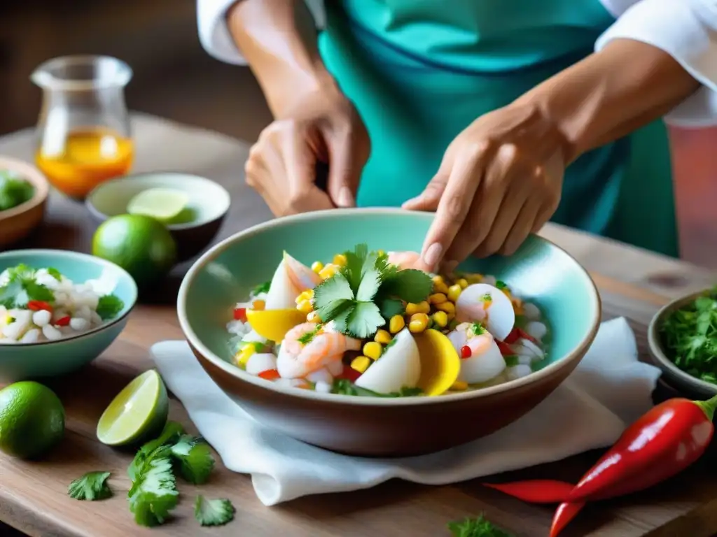 Las manos expertas de un chef peruano preparando ceviche, muestra la vibrante gastronomía peruana platos tradicionales contemporáneos