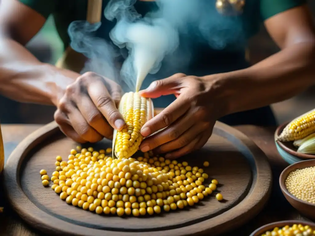 Manos expertas moliendo maíz para hacer Chicha de Jora bebida ancestral, resaltando la tradición y destreza en la preparación