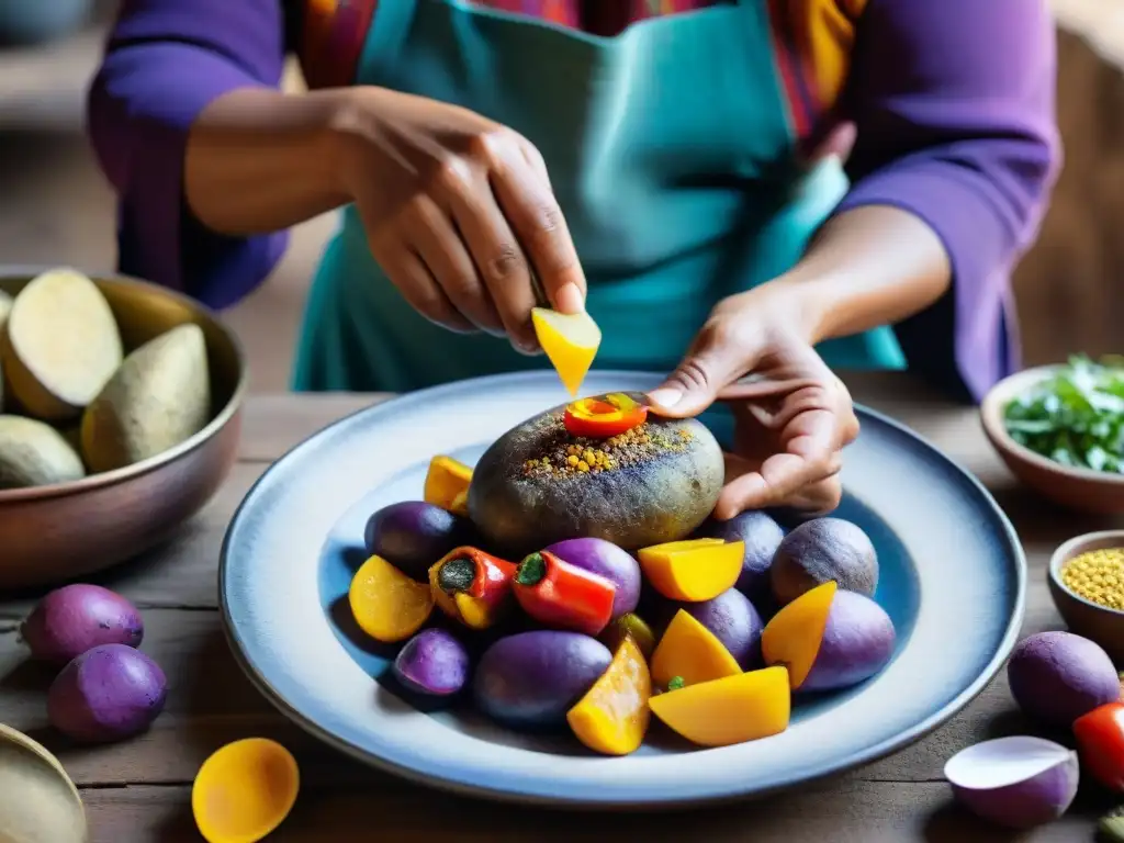 Manos expertas en cocina peruana tradicional, preparando plato con ingredientes autóctonos vibrantes