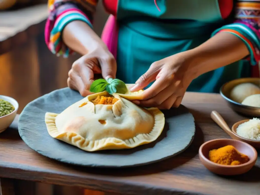 Unas manos expertas moldean con cuidado una empanada peruana tradicional, en un ambiente lleno de tradición y amor por la cocina