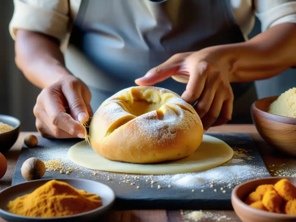 Unas manos expertas moldean con cuidado la masa de picarones, rodeadas de ingredientes tradicionales peruanos