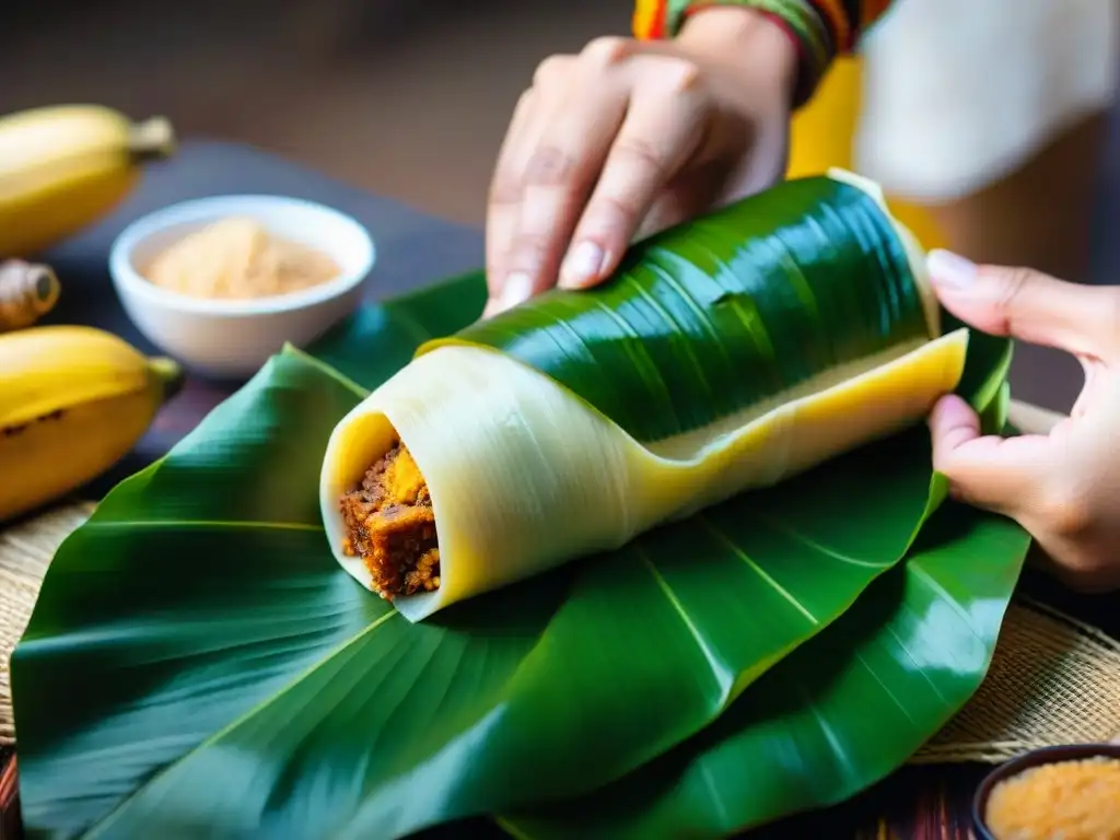 Manos expertas envuelven con cuidado un tamal peruano tradicional en hoja de plátano, destacando su proceso y significado cultural