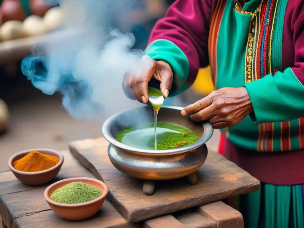 Manos expertas preparando emoliente peruano en mercado callejero, historia receta emoliente peruana