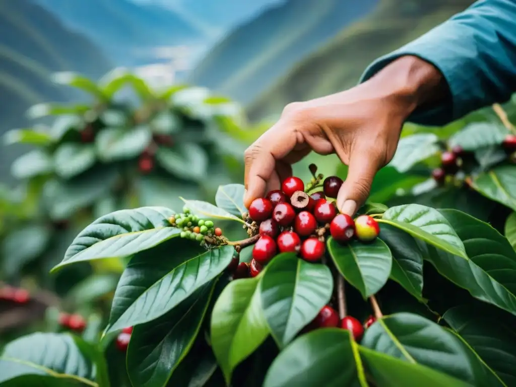 Manos expertas cosechando granos de café rojos en la plantación de café peruano: de la plantación