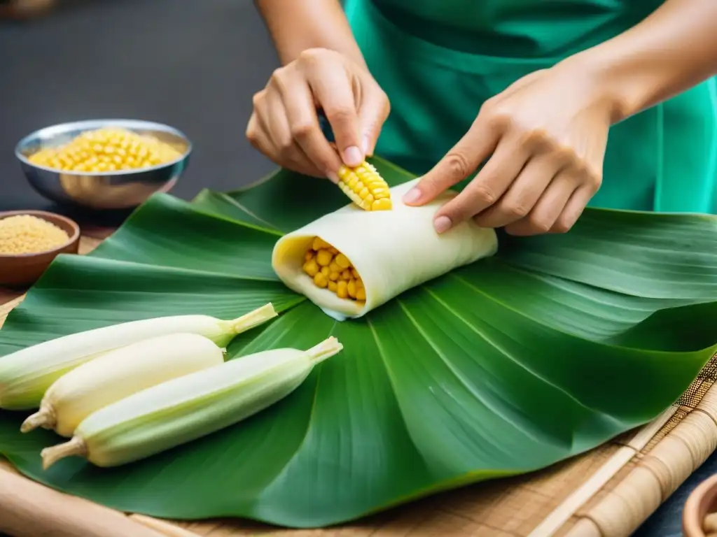 Manos expertas preparando masa en hoja de plátano, destacando la historia de los tamales peruanos