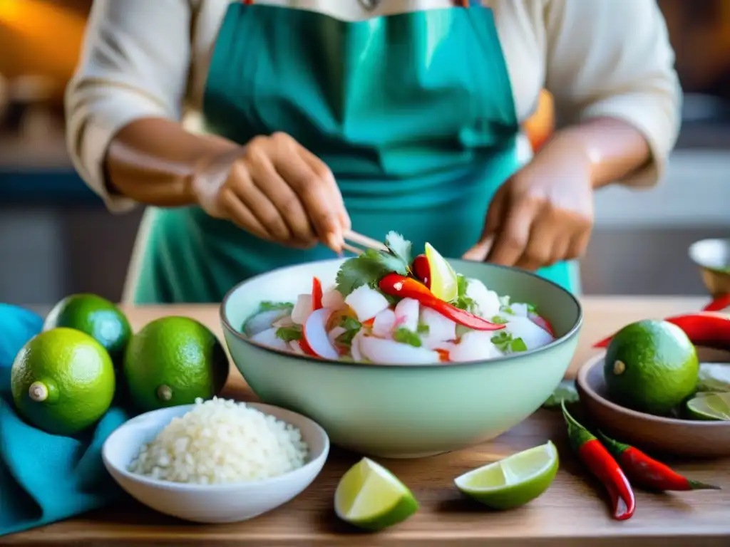 Manos expertas de mujer peruana preparando ceviche, destacando la importancia de la conservación de la gastronomía peruana