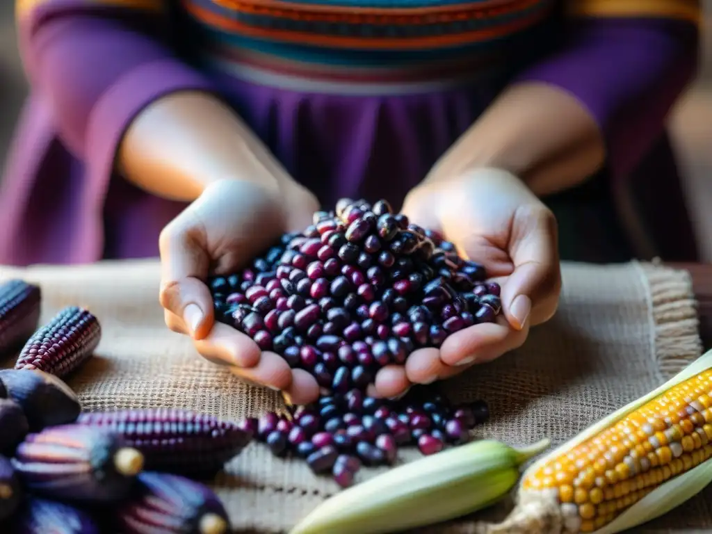 Manos expertas de mujer peruana desgranando maíz morado, resaltando la importancia de la preservación cultural