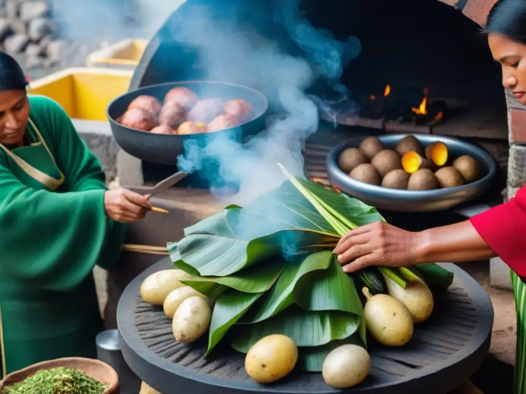 Manos expertas preparan una pachamanca peruana tradicional en horno subterráneo