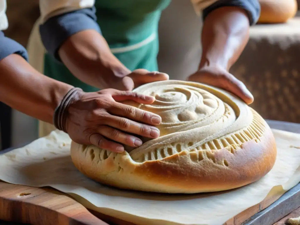 Las manos expertas de un panadero peruano moldeando un pan andino, preservando técnicas ancestrales