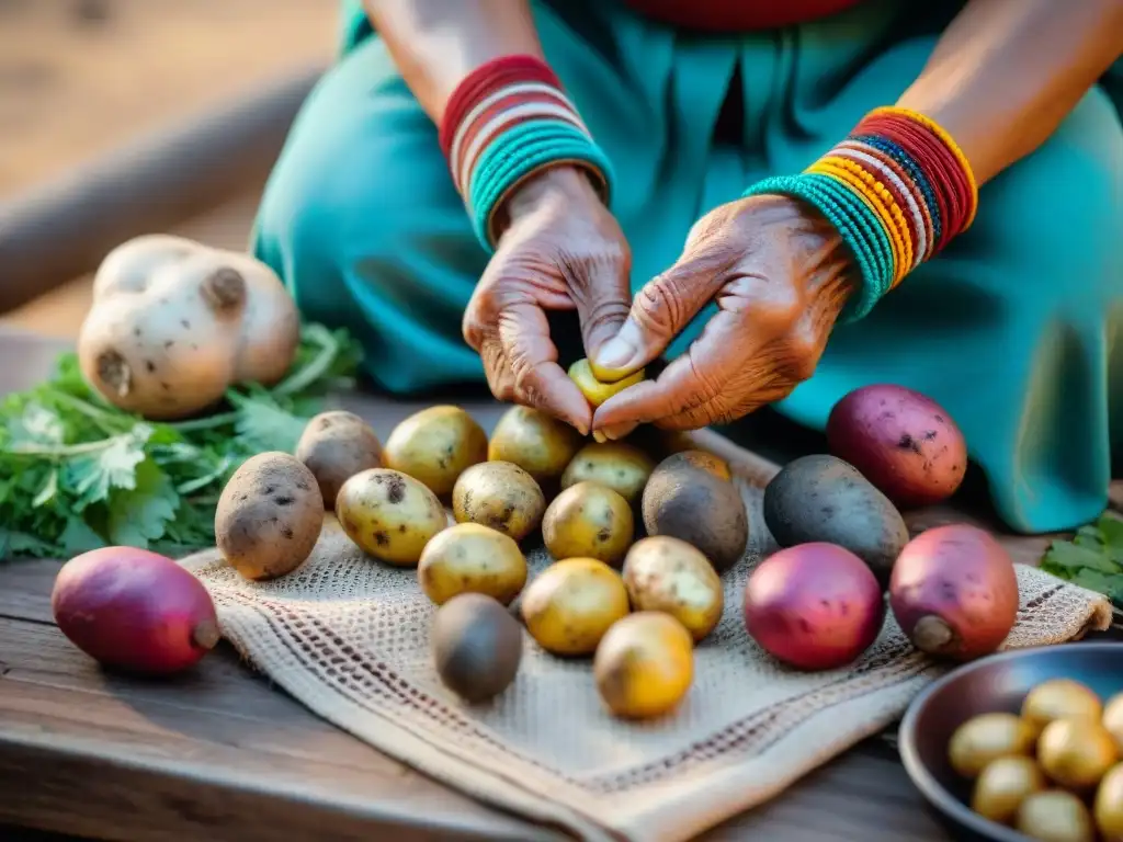 Manos expertas pelando papas nativas en Perú, mostrando texturas vibrantes