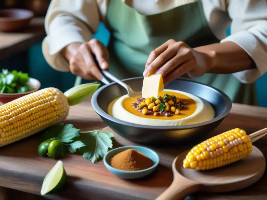 Manos expertas preparando receta choclo con queso peruana en cocina rústica