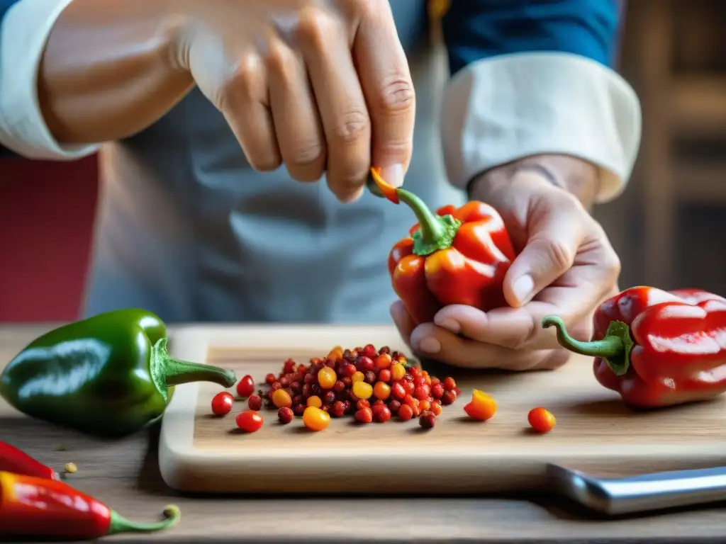 Unas manos expertas preparando un rocoto peruano, destacando la meticulosidad en la cocina tradicional