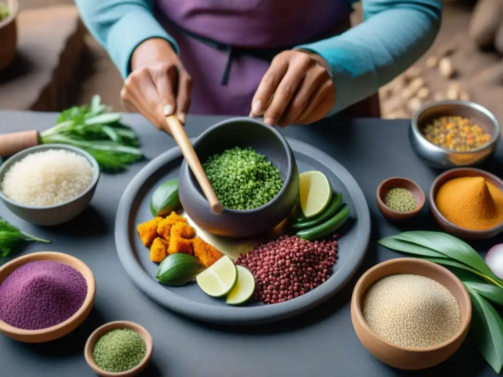 Manos expertas utilizan utensilios para cocinar en altura en una escena andina tradicional llena de color