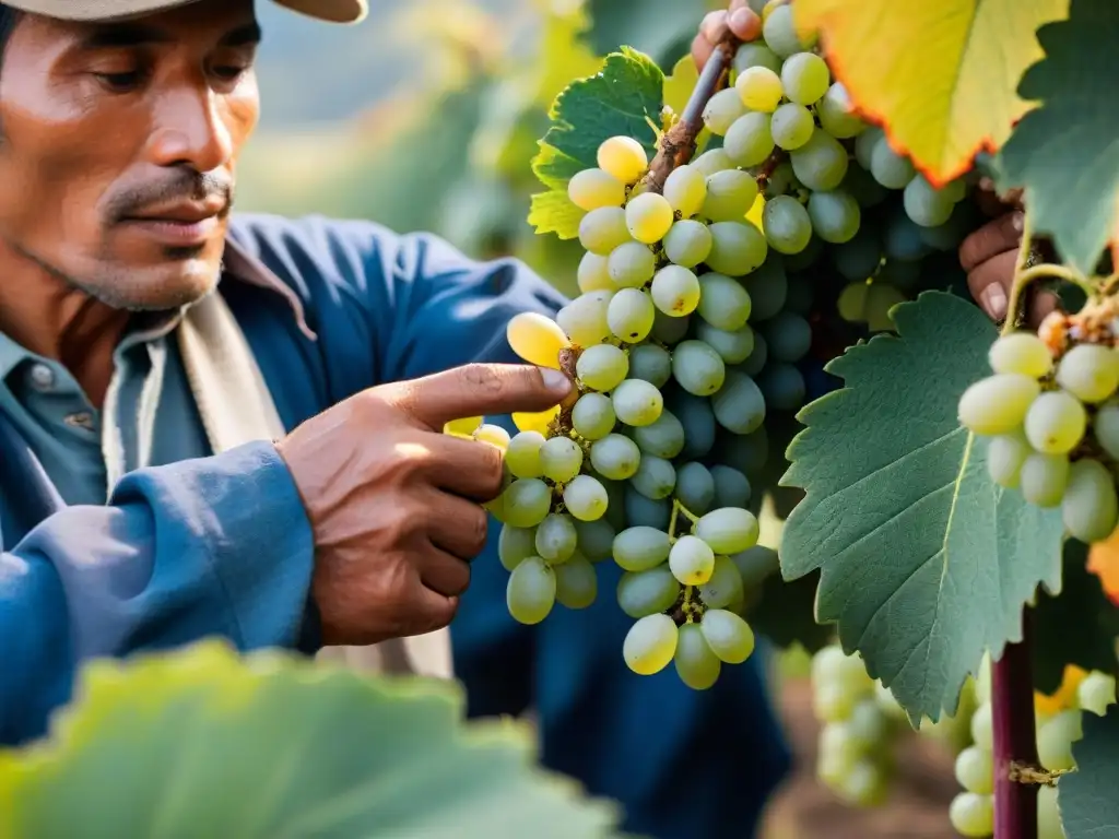 Manos expertas recolectando uvas de pisco en los viñedos de Perú, resaltando la tradición y calidad de la gastronomía peruana ingredientes autóctonos