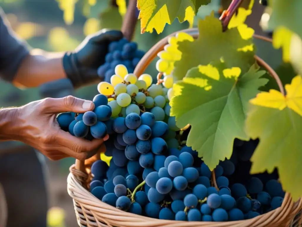 Manos expertas cosechando uvas en viñedos de Perú, para vinos espumosos peruanos autóctonos