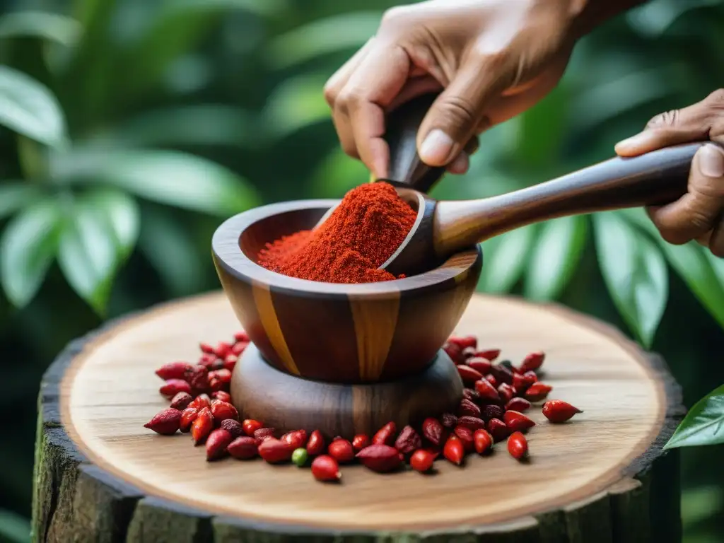 Manos expertas triturando un vibrante Ají Charapita en un mortero de madera, resaltando la importancia del Ají Charapita en cocina peruana