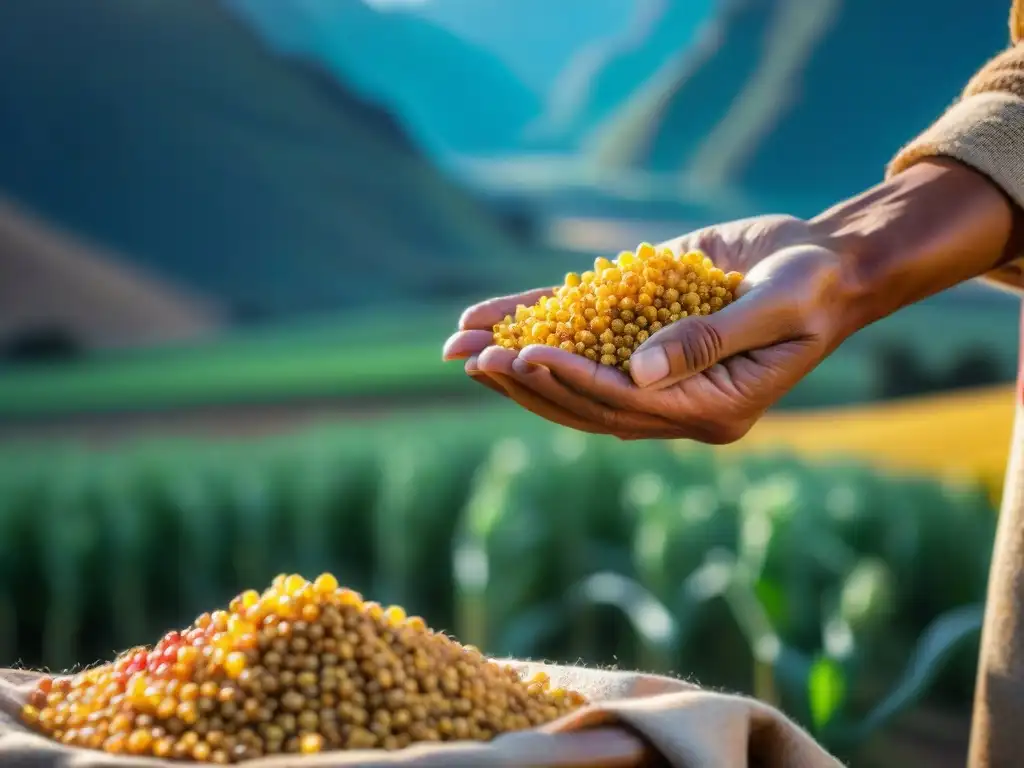 Manos de granjeros cosechando quinua dorada con los Andes de fondo, mostrando la riqueza nutricional y cultural