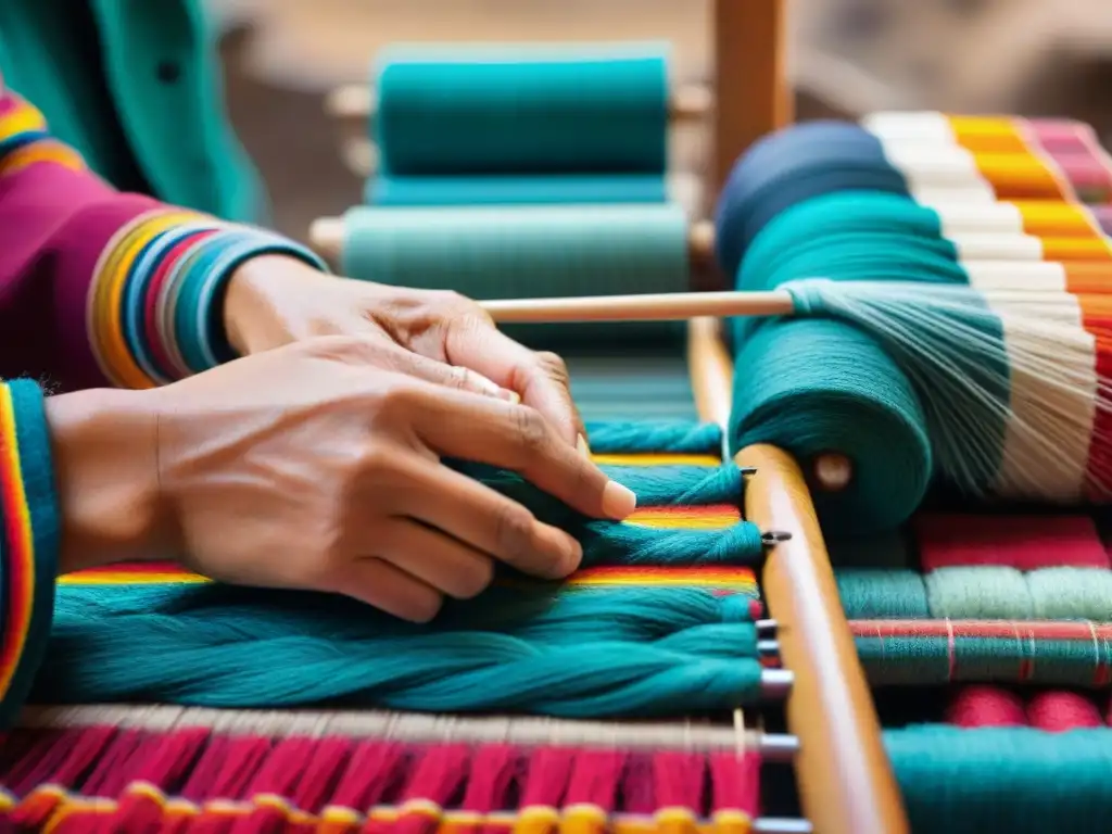 Manos hábiles tejiendo textiles andinos en platos peruanos con maestría y tradición