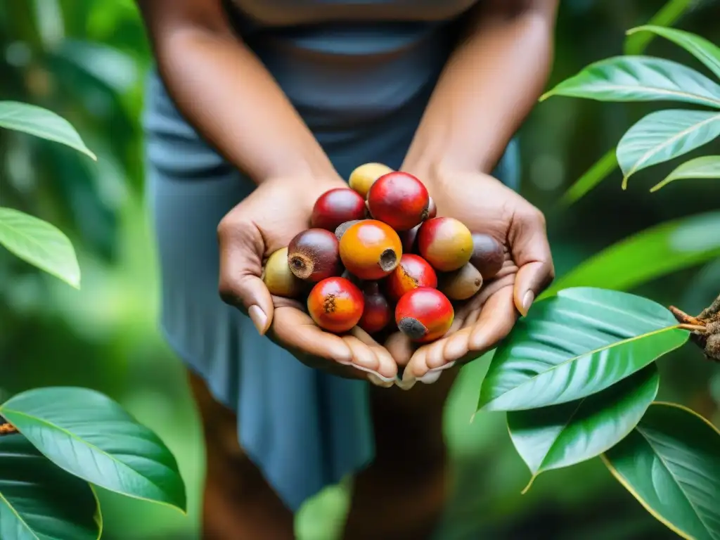 Manos indígenas sostienen camu camu maduro en la exuberante selva amazónica