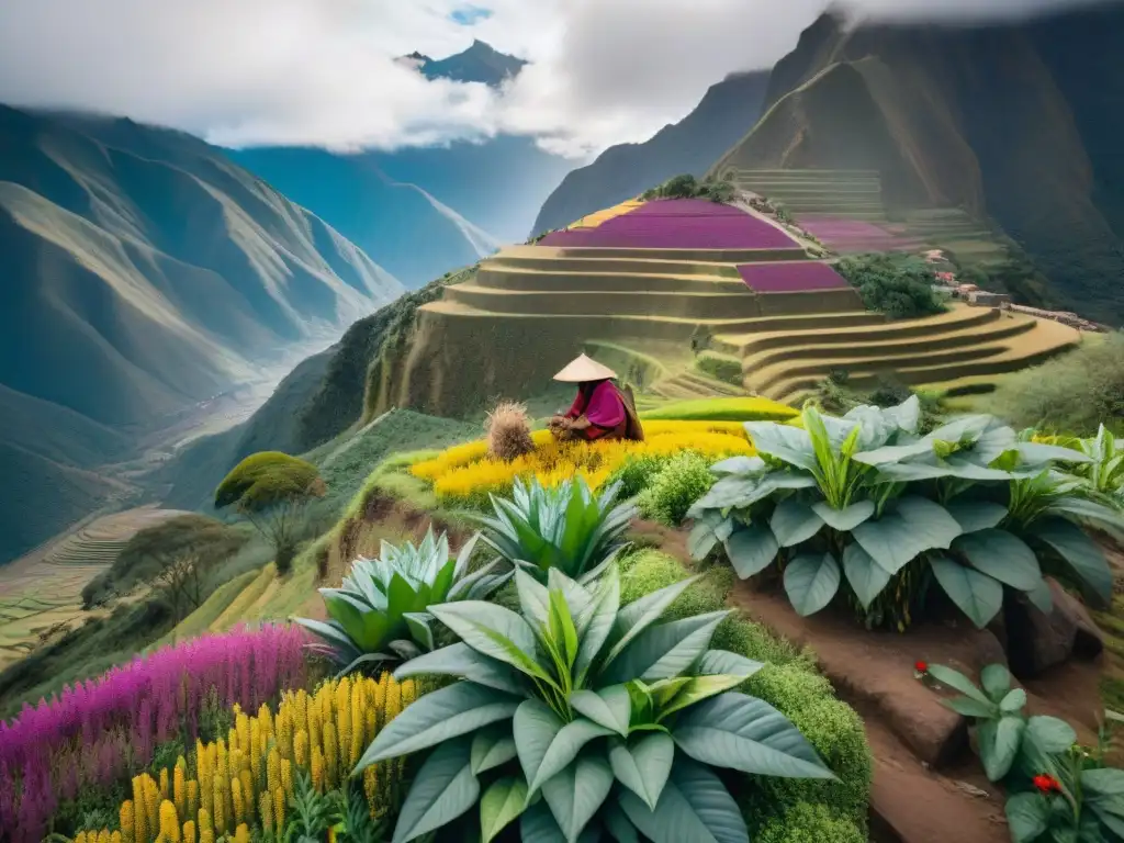 Manos indígenas cosechando hierbas Andinas medicinales y culinarias en un paisaje montañoso vibrante y rico en biodiversidad