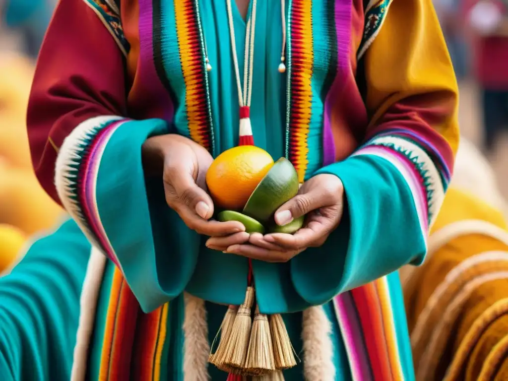 Manos sostienen una lúcuma dorada en mercado peruano: Sabor dulce lúcuma Peru ancestral