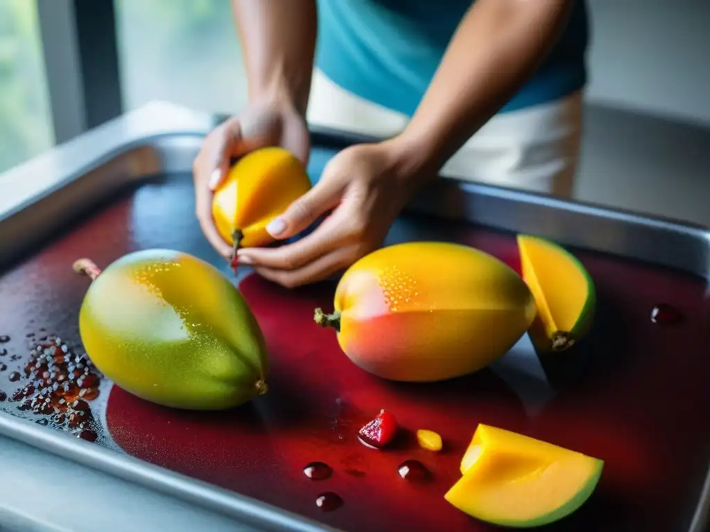 Manos seleccionando y lavando mangos maduros y ajíes picantes bajo luz natural