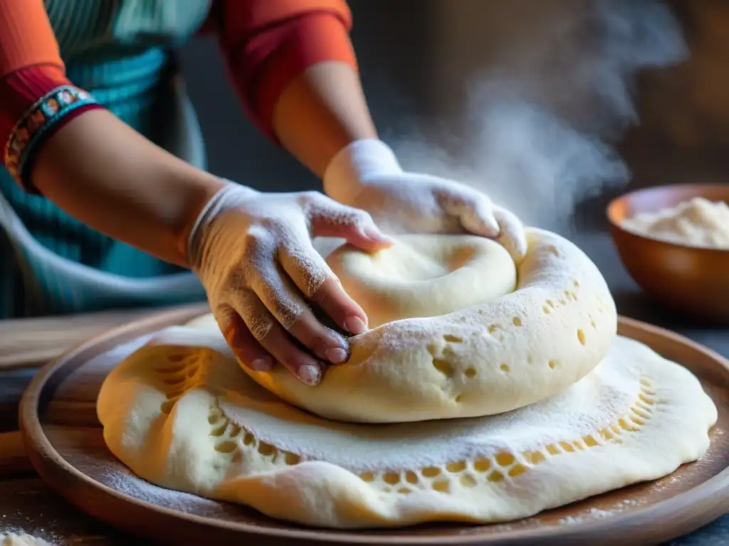 Manos amasando masa para la receta tradicional pan con chicharrón, mostrando textura y movimiento detallados