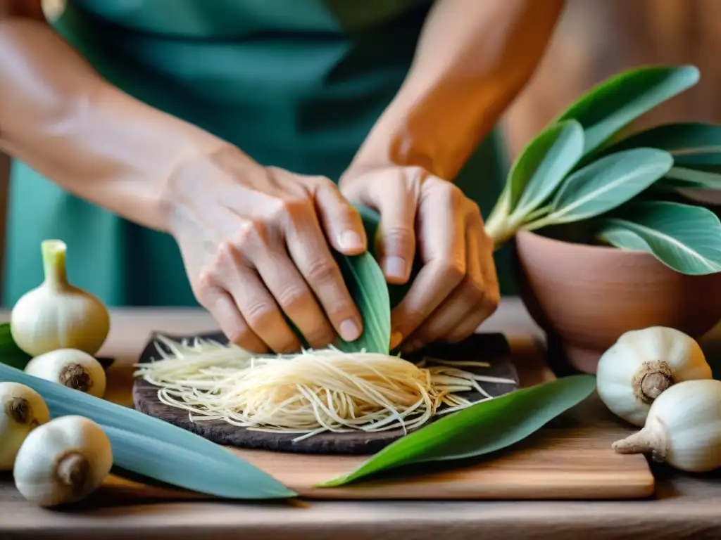 Manos rallando yuca para hacer masato amazónico, mostrando texturas y fibras, con utensilios de cocina rústicos y hojas de plátano