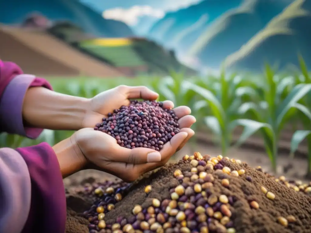 Manos plantando maíz morado en suelo peruano, resaltando la conexión a la agricultura ancestral