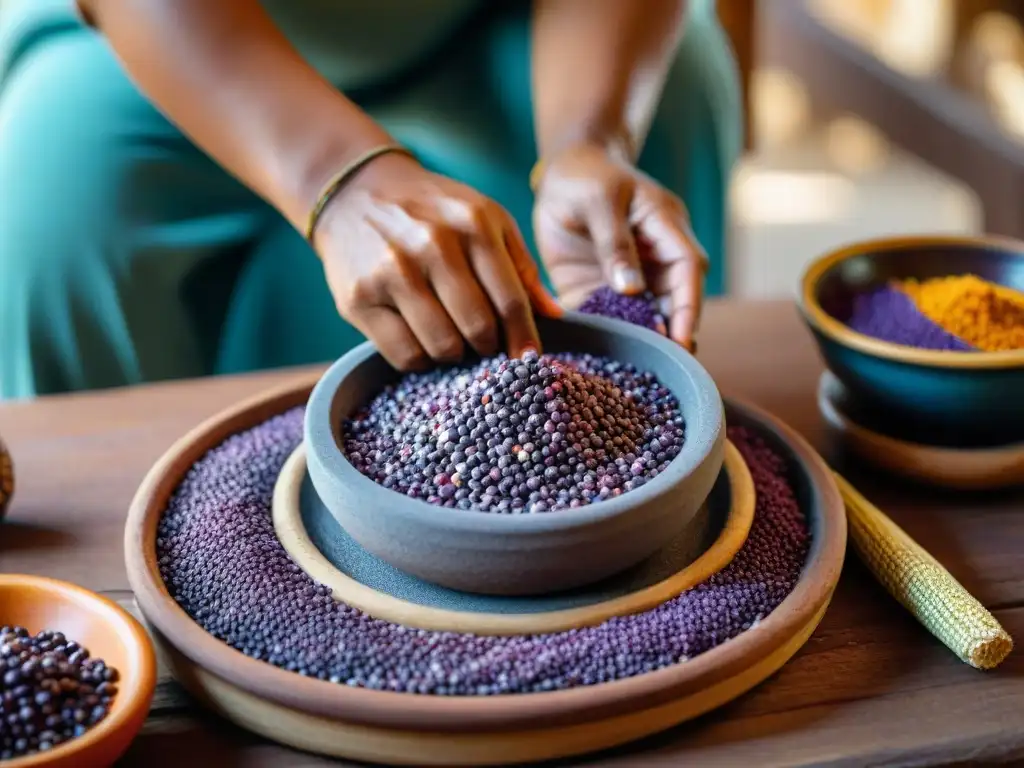 Las manos de una mujer indígena muelen maíz morado, destacando la importancia de preservación cultural