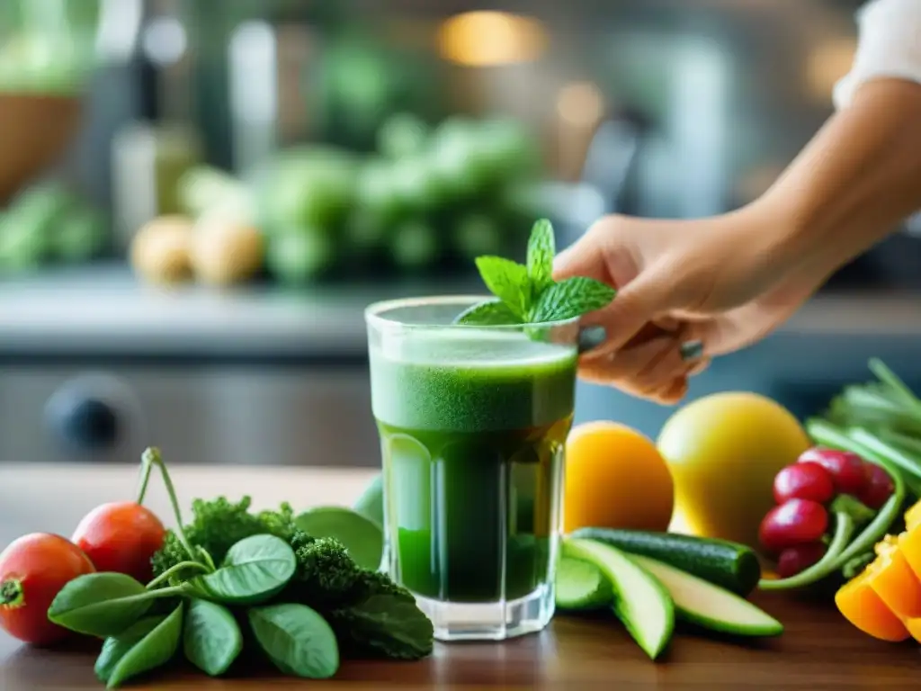 Manos de mujer sostienen jugo de caigua recién hecho en cocina orgánica