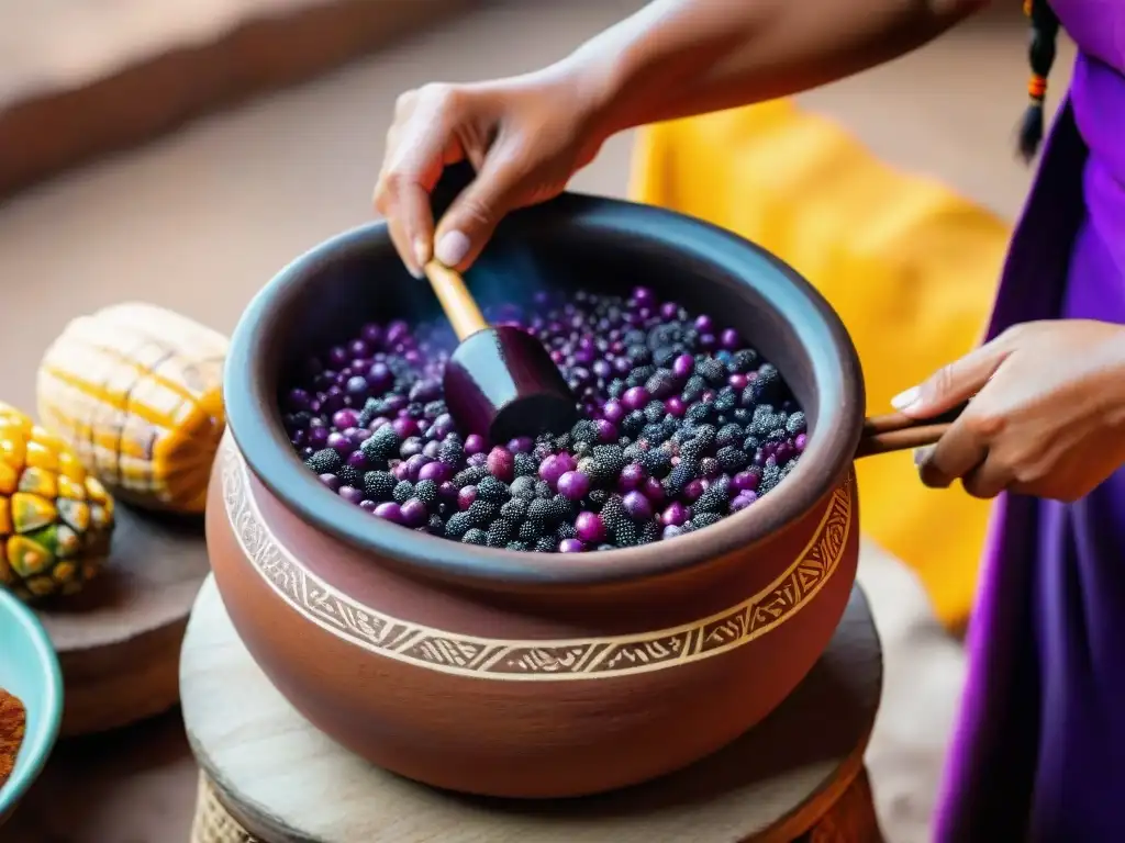 Manos de mujer peruana preparando chicha morada en olla de barro