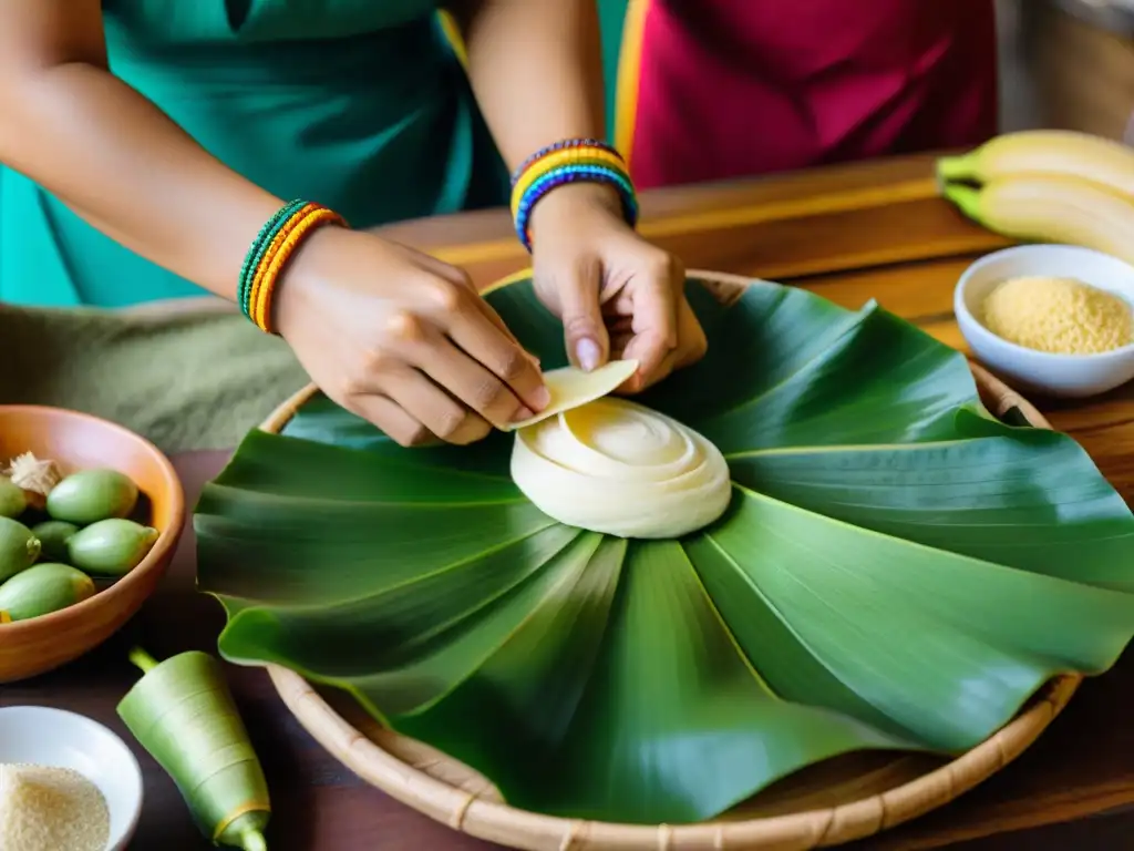 Las manos de una mujer peruana experta esparciendo masa de tamal en hoja de plátano, destacando la receta tradicional tamal peruano