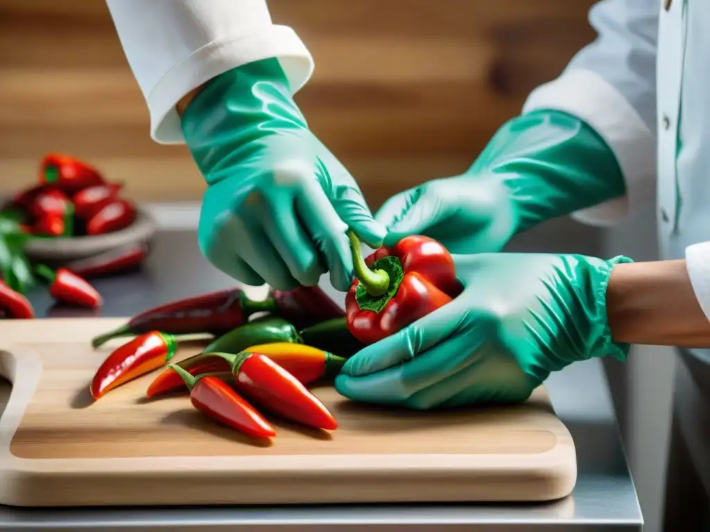 Unas manos cortan ajíes rojos y verdes en conserva, mostrando su frescura y color