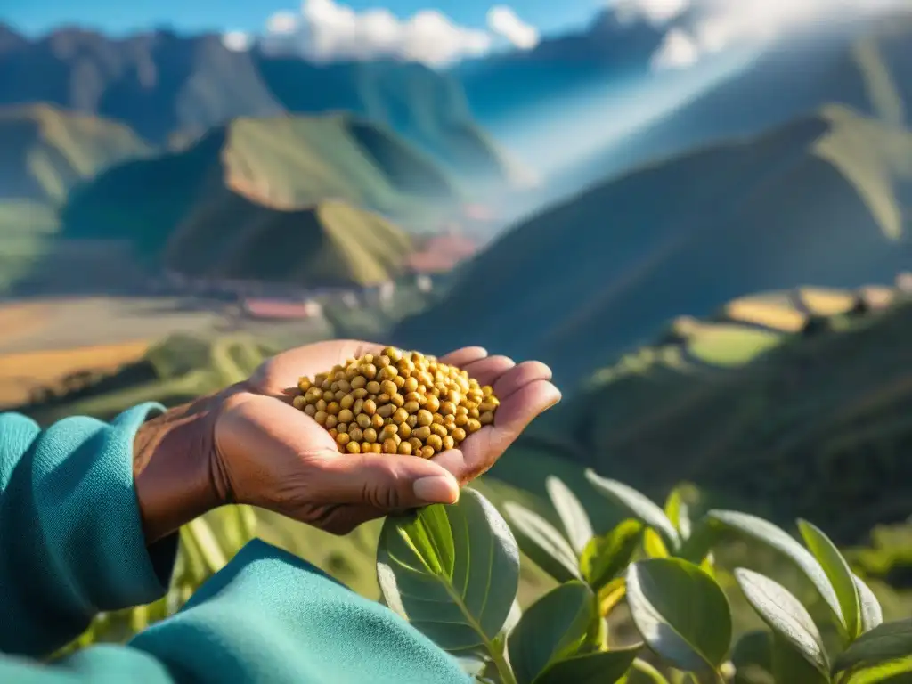 Las manos sabias de un agricultor peruano sostienen semillas de kiwicha doradas, con beneficios para longevidad, frente a un paisaje andino