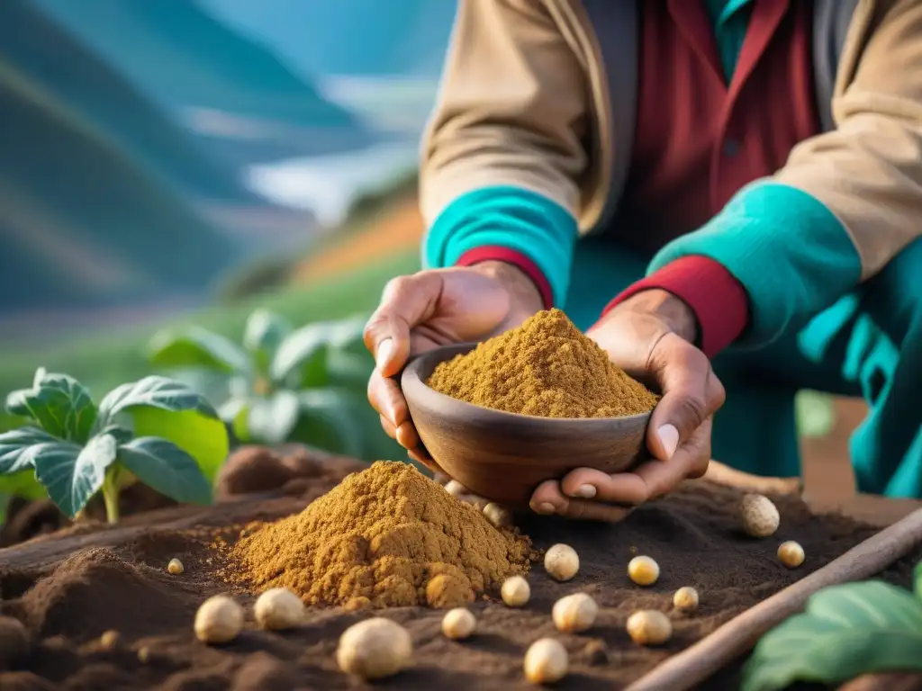 Las manos sabias de un agricultor peruano recogen la Maca Andina, reflejando tradición y beneficios salud Maca Andina