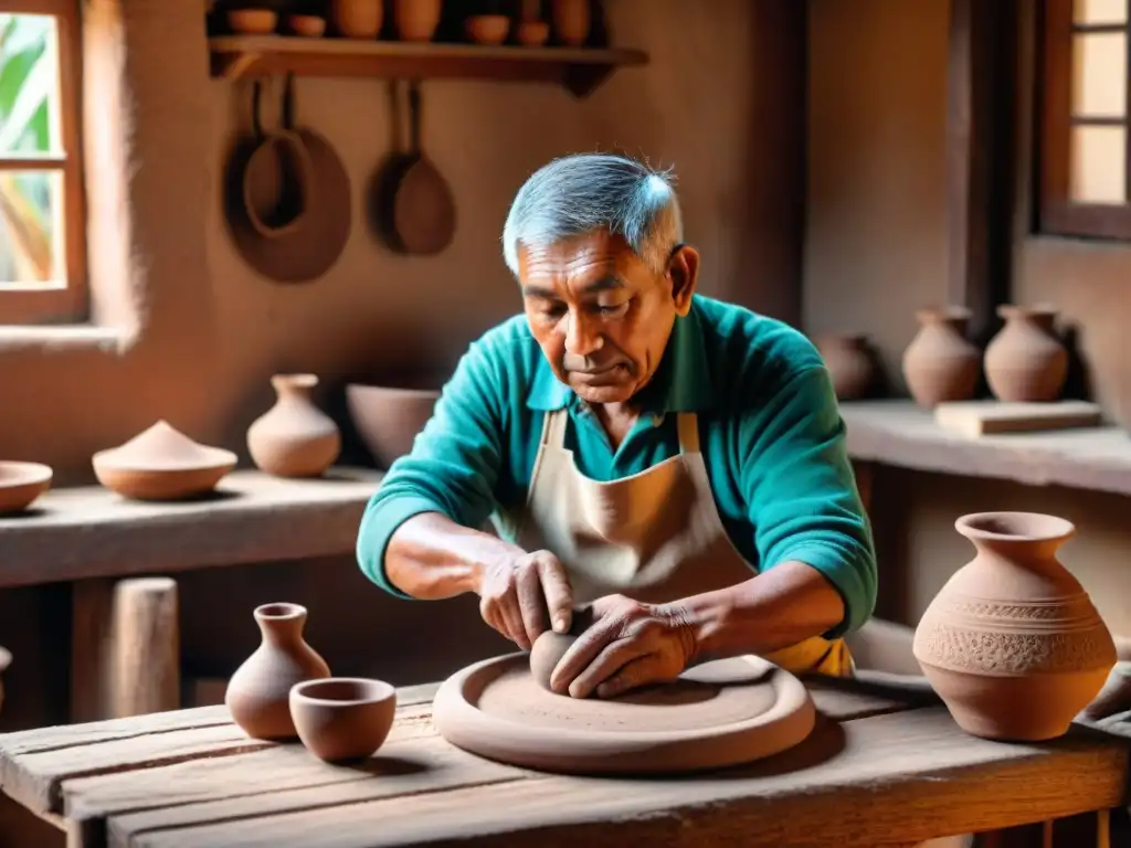 Manos sabias moldean un cántaro de barro en un taller peruano