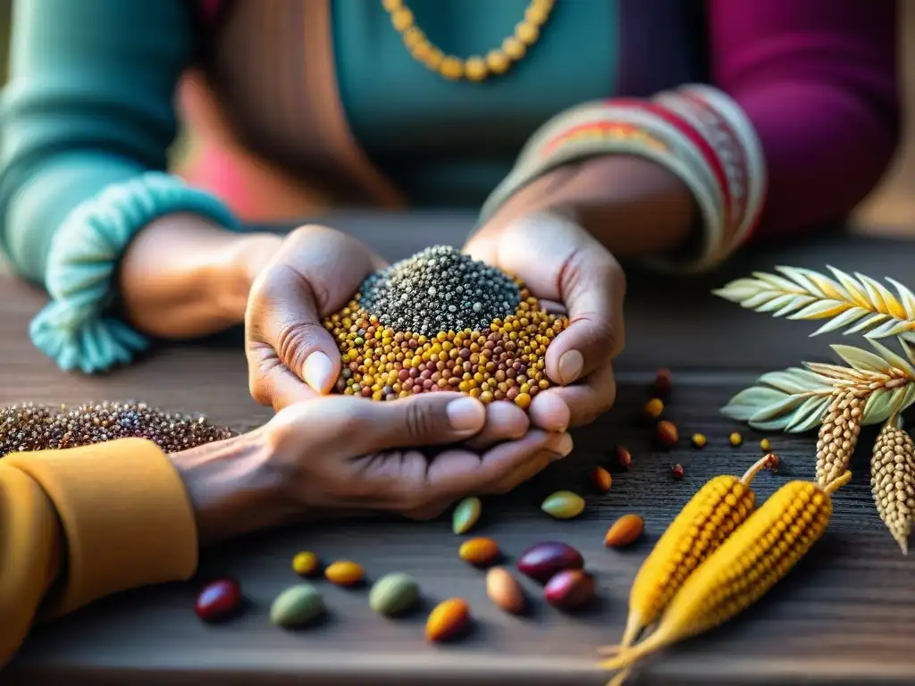 Manos sabias preservando semillas nativas Perú, reflejando la rica biodiversidad con detalles únicos