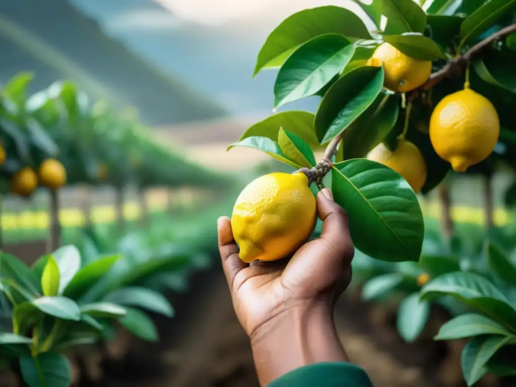 Las manos trabajadoras sostienen con cuidado un limón peruano recién cosechado