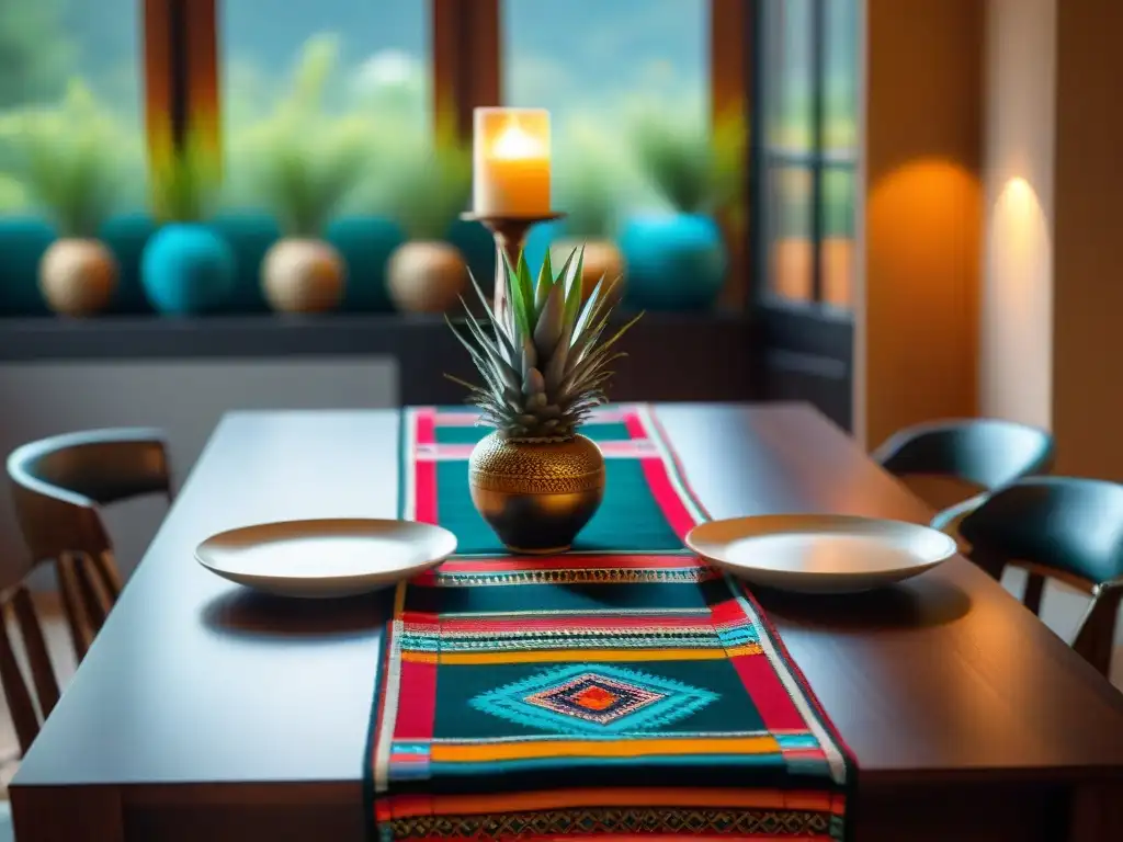 Un mantel peruano tejido con colores vibrantes y patrones incas, sobre una mesa de madera con Accesorios de mesa para cena peruana