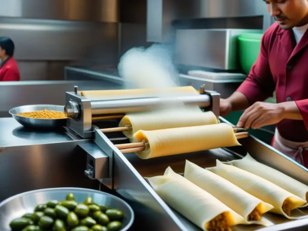 Una máquina automatizada en una cocina peruana elabora tamales con precisión, fusionando tecnología y tradición culinaria