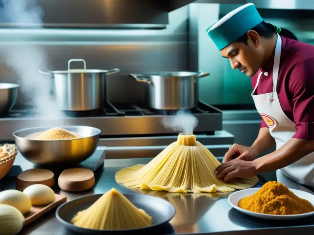 Una máquina automatizada preparando masa de tamales peruanos en una cocina moderna, fusionando innovación y tradición culinaria