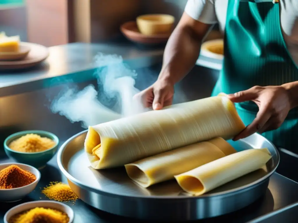 Una maquina automatizada crea tamales peruanos con precisión en una cocina bulliciosa