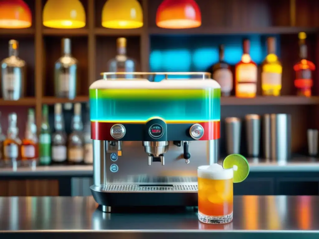 Una máquina de cócteles automatizada en un bar peruano, fusionando tecnología y diseño inca con bebidas peruanas innovadoras