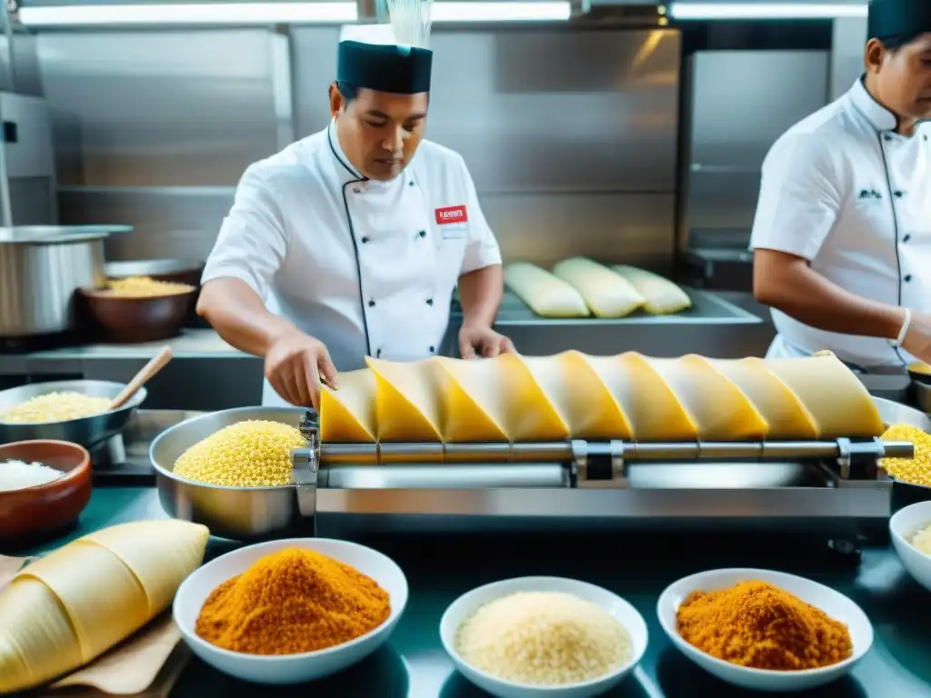 Maquinas automatizadas masa tamales peruanos: Moderna máquina para tamales en cocina peruana con chefs y trabajadores