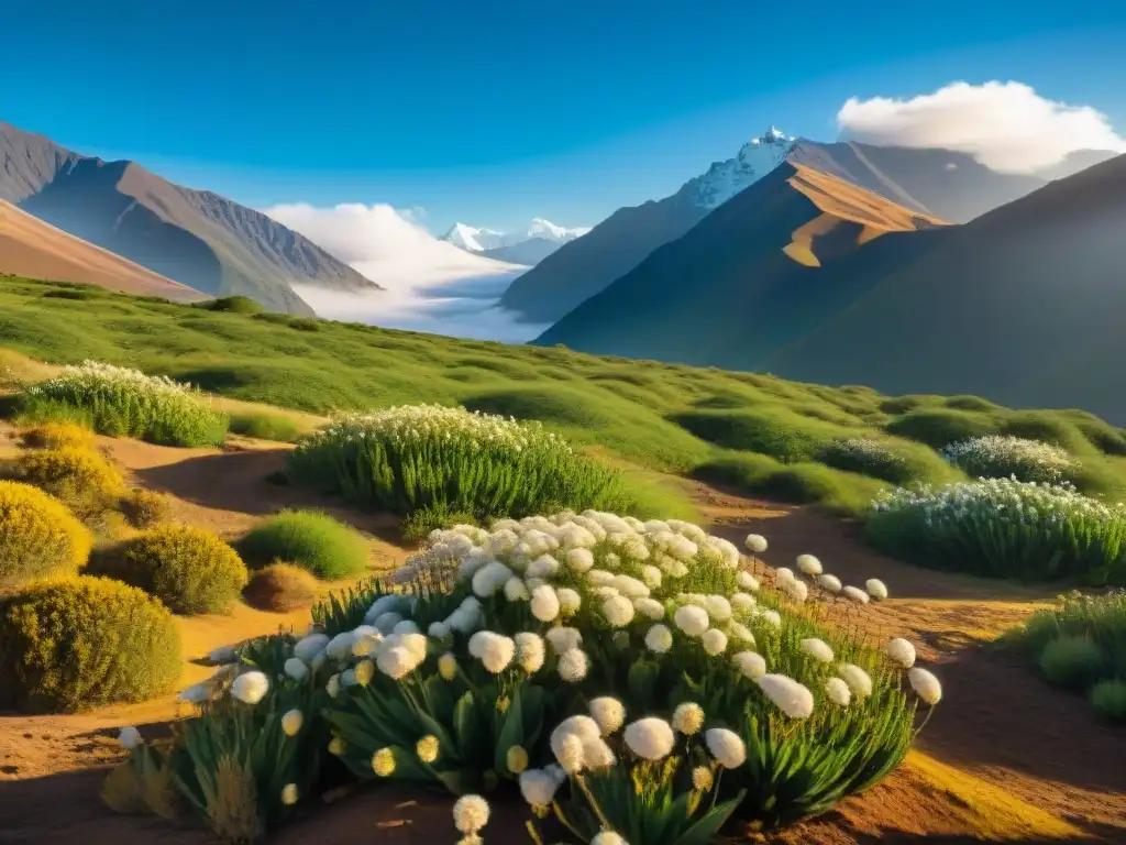 Un mar de cañihua dorada se extiende hasta el horizonte, con flores blancas y picos nevados de los Andes al fondo