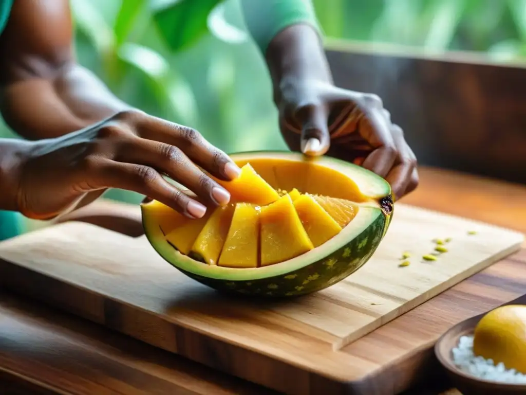 Preparando maracuyá para postres: manos cortando una fruta madura con pulpa y semillas amarillas en tabla de madera rústica