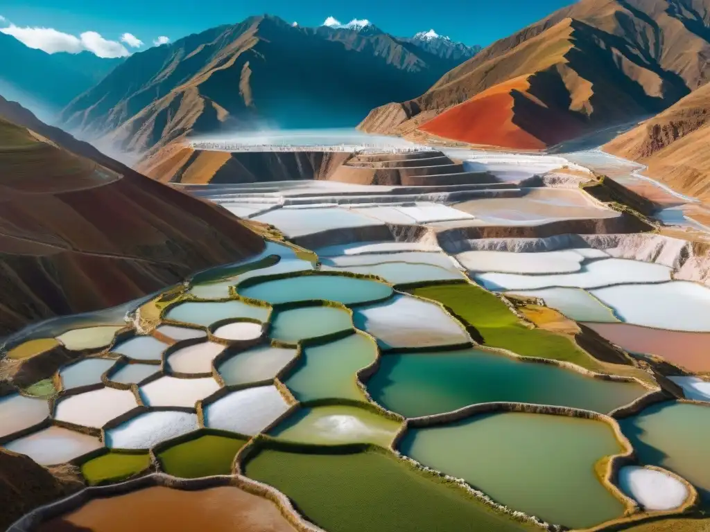 Maravillosas Salinas tradicionales en Maras, Perú, entre montañas