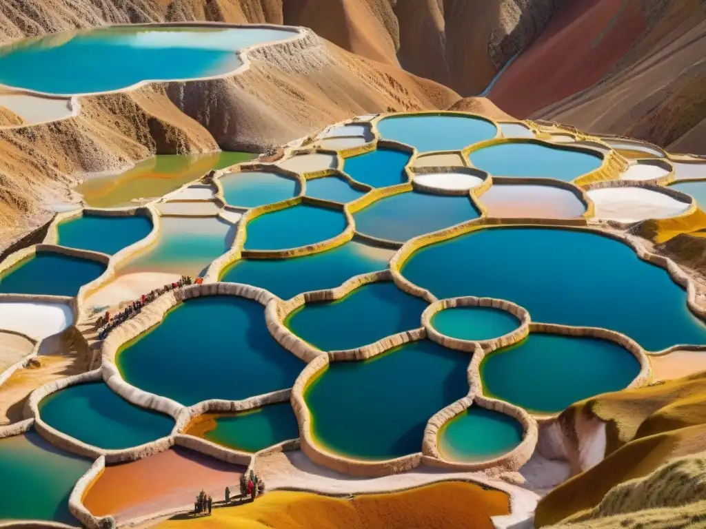 Maravillosas Salinas tradicionales en Maras, Perú, bajo el sol andino, reflejando la riqueza de la gastronomía local