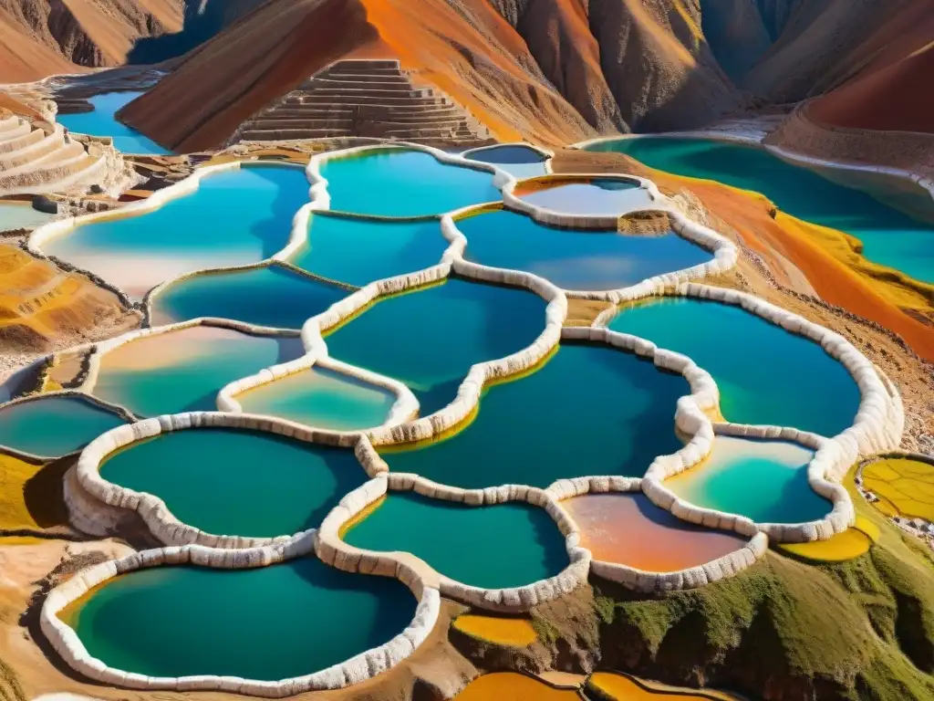 Maravillosas terrazas de sal en Maras, Perú, reflejando el sol, mostrando el método tradicional andino de extracción de sal